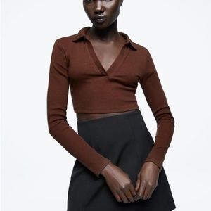 Zara Ribbed Polo cropped Top in Brown